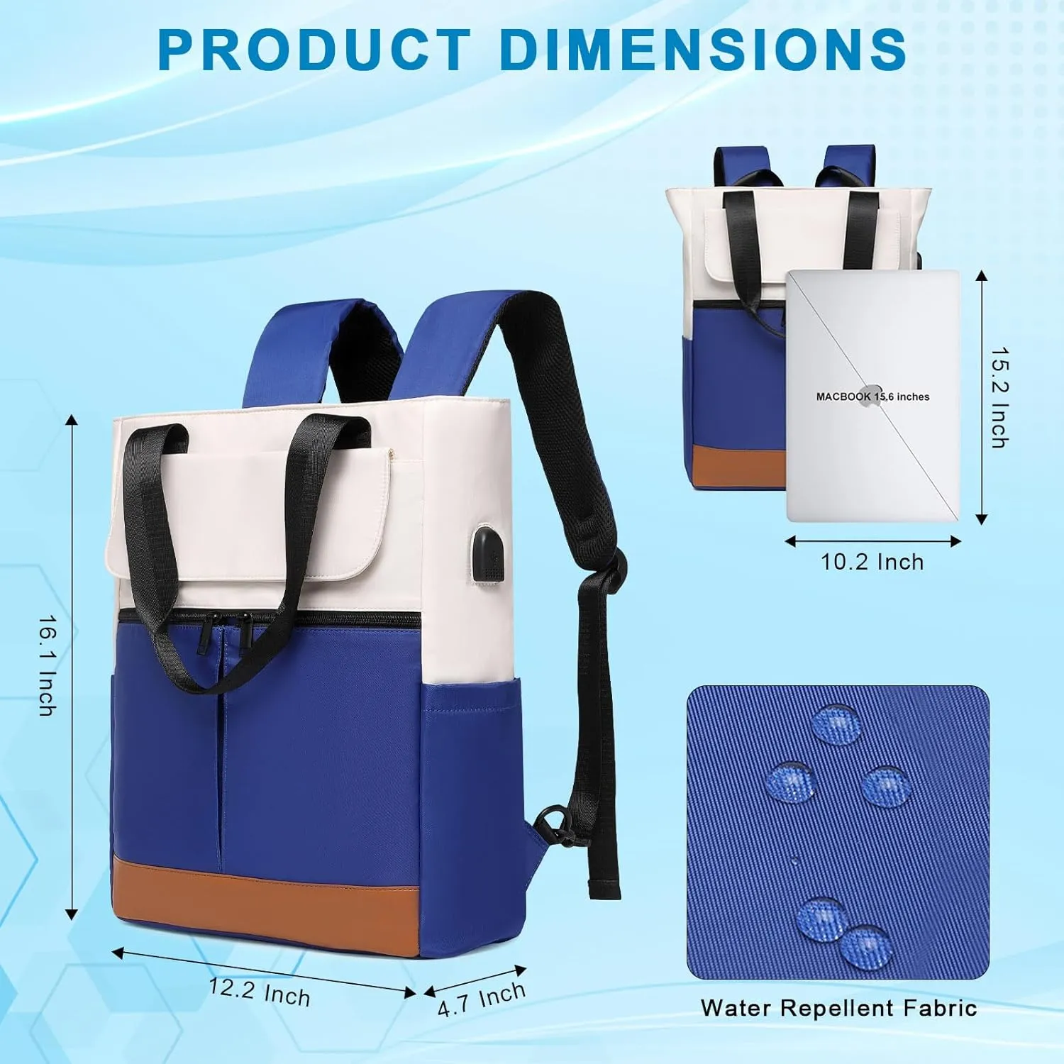 15.6 Inch Laptop Backpack, Travel Backpack with USB Charging Port, Blue, Large (16.1" H x 12.2" W x 4.7" D), Casual Modern Daypack for Women, Travel, Business