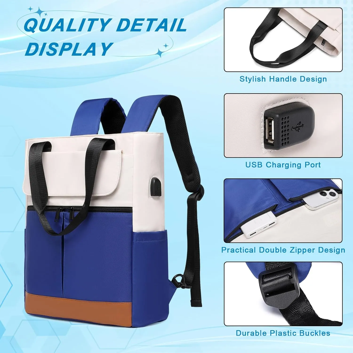 15.6 Inch Laptop Backpack, Travel Backpack with USB Charging Port, Blue, Large (16.1" H x 12.2" W x 4.7" D), Casual Modern Daypack for Women, Travel, Business