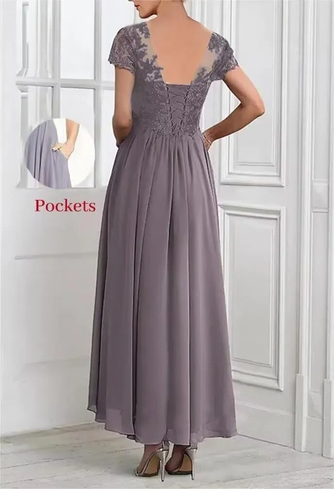 2 Piece Applique Mother of The Bride Dress Chiffon Lace Formal Evening Gown for Women with Ruffles Pockets Jacket