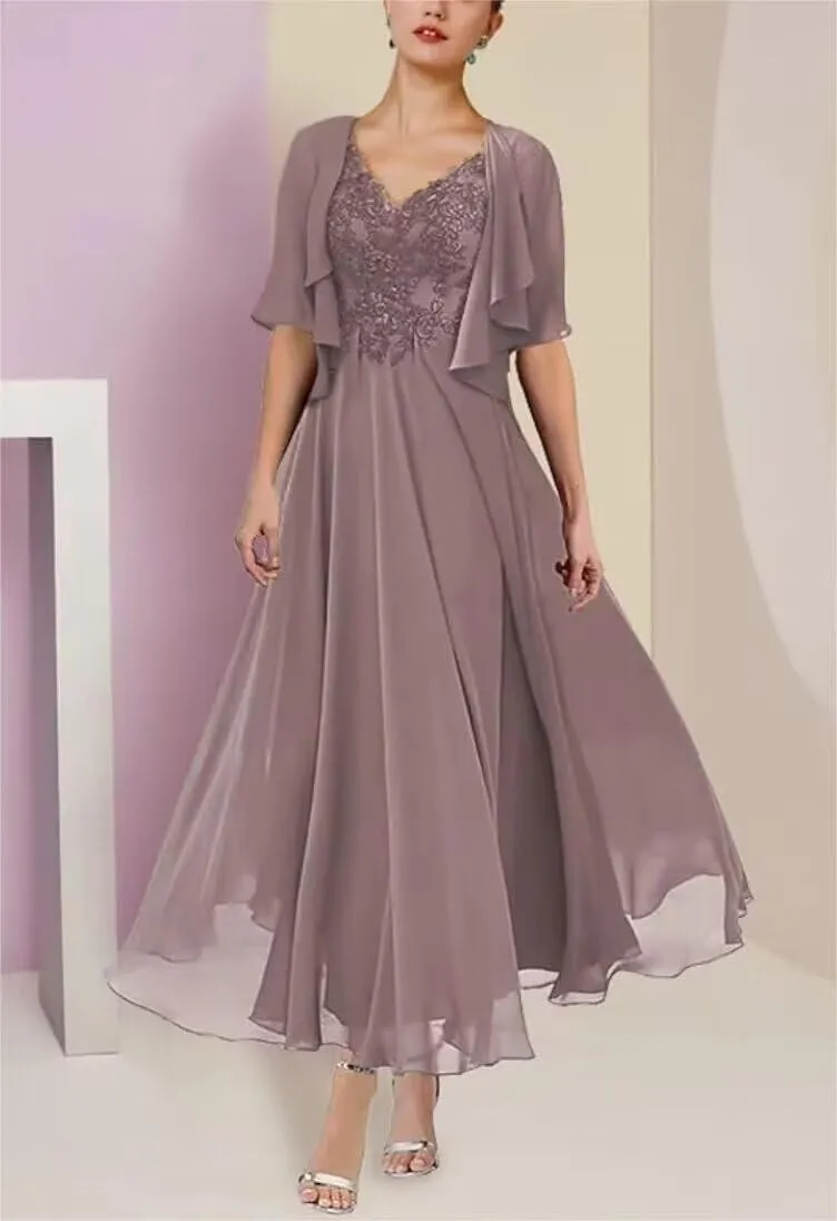 2 Piece Applique Mother of The Bride Dress Chiffon Lace Formal Evening Gown for Women with Ruffles Pockets Jacket
