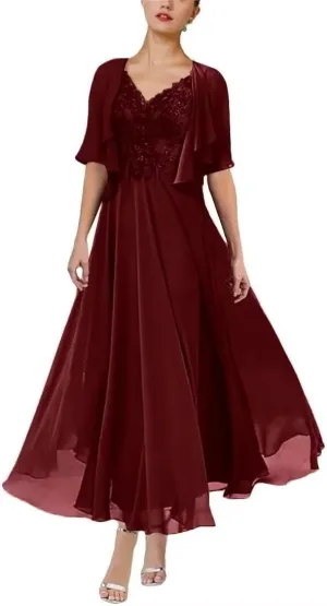 2 Piece Applique Mother of The Bride Dress Chiffon Lace Formal Evening Gown for Women with Ruffles Pockets Jacket