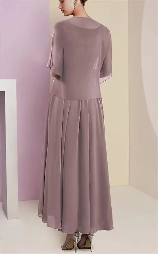 2 Piece Applique Mother of The Bride Dress Chiffon Lace Formal Evening Gown for Women with Ruffles Pockets Jacket
