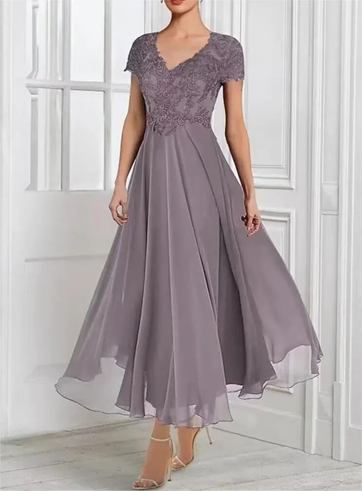 2 Piece Applique Mother of The Bride Dress Chiffon Lace Formal Evening Gown for Women with Ruffles Pockets Jacket
