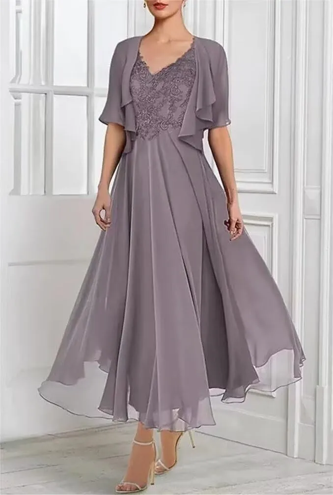 2 Piece Applique Mother of The Bride Dress Chiffon Lace Formal Evening Gown for Women with Ruffles Pockets Jacket