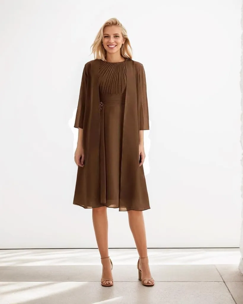 2 Piece Mother of The Bride Dresses for Wedding with Jacket Pleated Chiffon Formal Wedding Guest Dresses