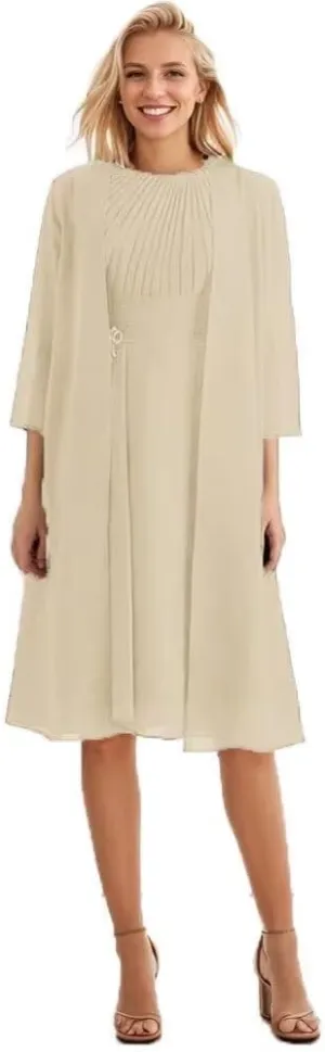 2 Piece Mother of The Bride Dresses for Wedding with Jacket Pleated Chiffon Formal Wedding Guest Dresses