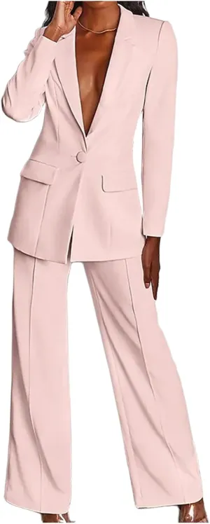 2 Piece Outfits for Women,Women's Sexy Deep V Neck Business Casual Office Suits Wide Leg Pants Suits Jacket