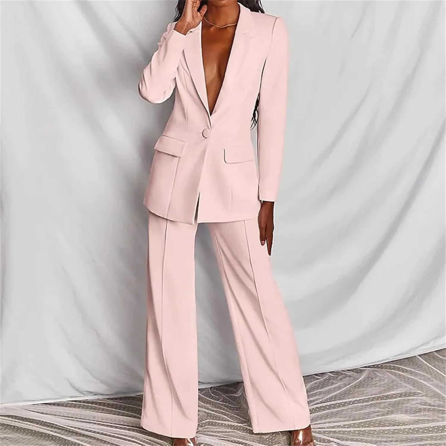 2 Piece Outfits for Women,Women's Sexy Deep V Neck Business Casual Office Suits Wide Leg Pants Suits Jacket