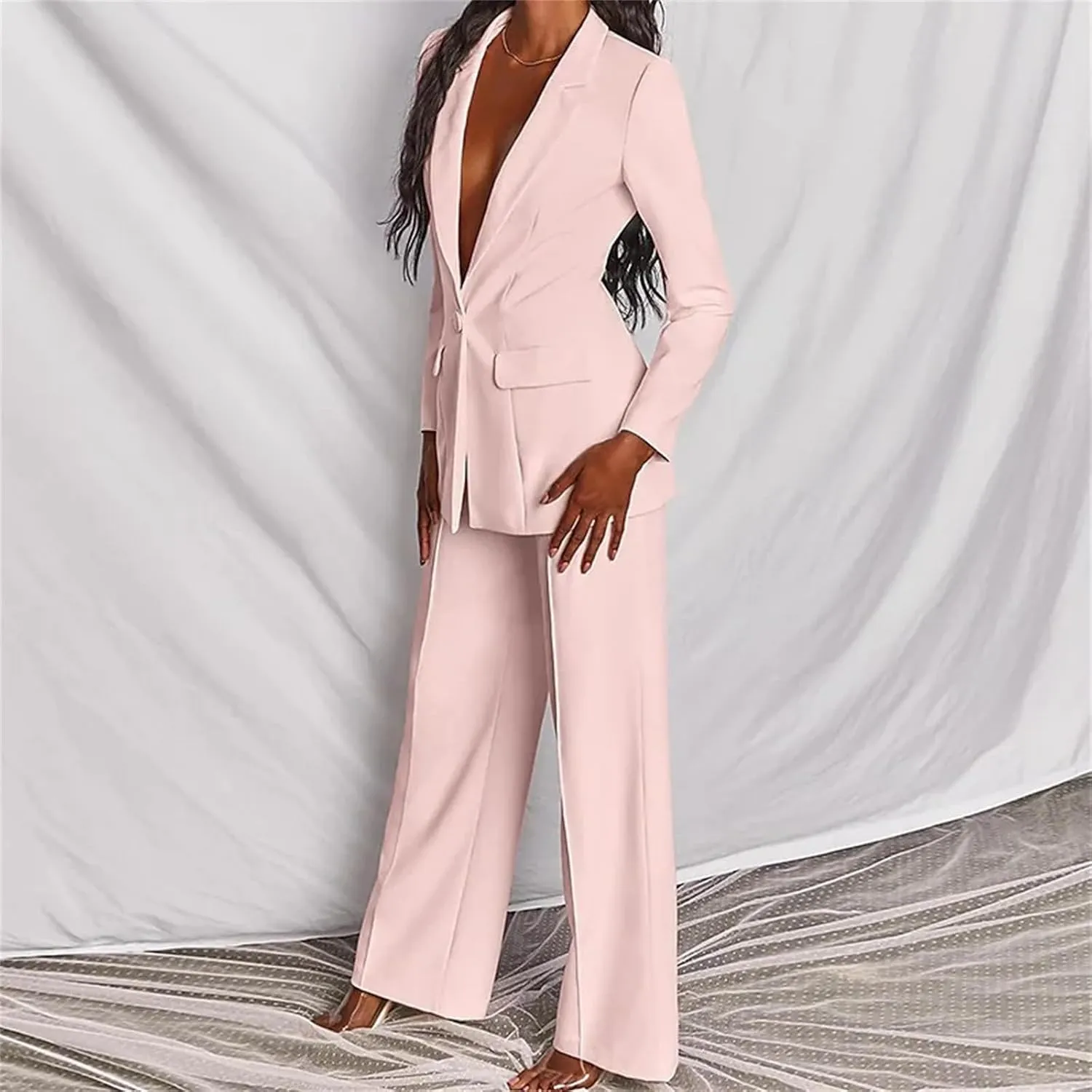 2 Piece Outfits for Women,Women's Sexy Deep V Neck Business Casual Office Suits Wide Leg Pants Suits Jacket