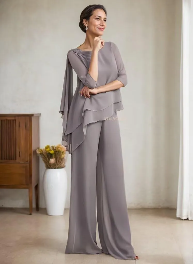 2 Pieces Mother of The Bride Pant Suits Appliques Ruffle Lace Appliqued Chiffon Wedding Outfits for Women