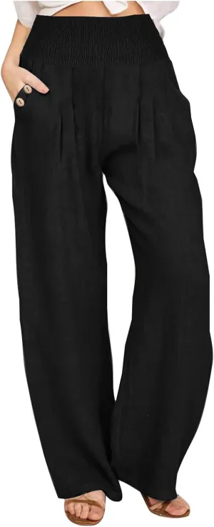 2025 Women Linen Palazzo Pants Wide Leg High Waist Lounge Summer Casual Boho Trousers Travel Vacation Outfits