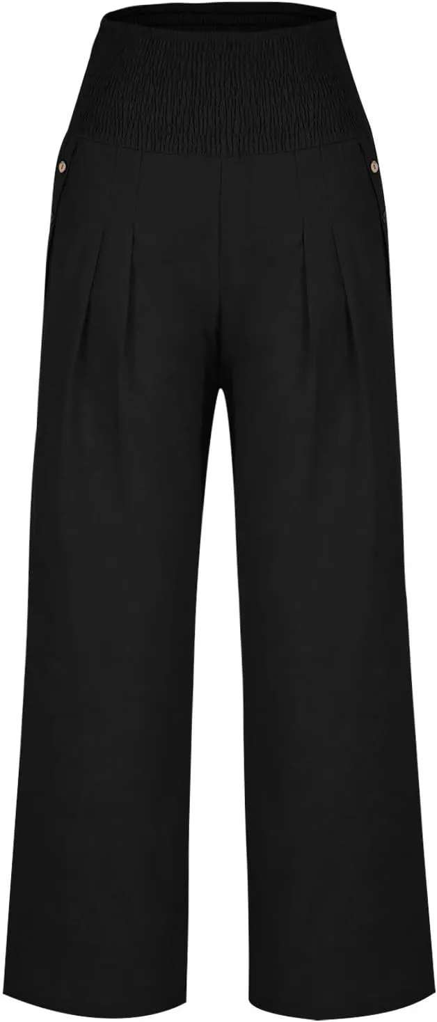 2025 Women Linen Palazzo Pants Wide Leg High Waist Lounge Summer Casual Boho Trousers Travel Vacation Outfits