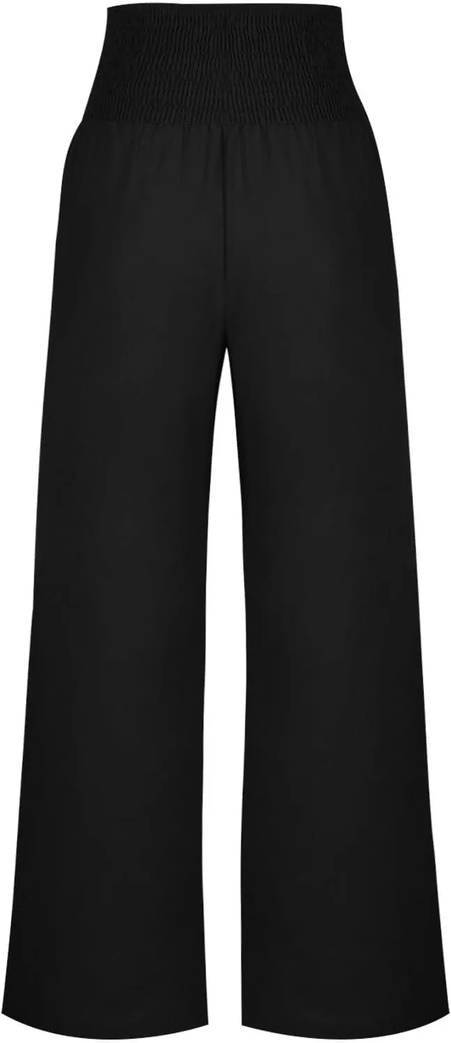 2025 Women Linen Palazzo Pants Wide Leg High Waist Lounge Summer Casual Boho Trousers Travel Vacation Outfits
