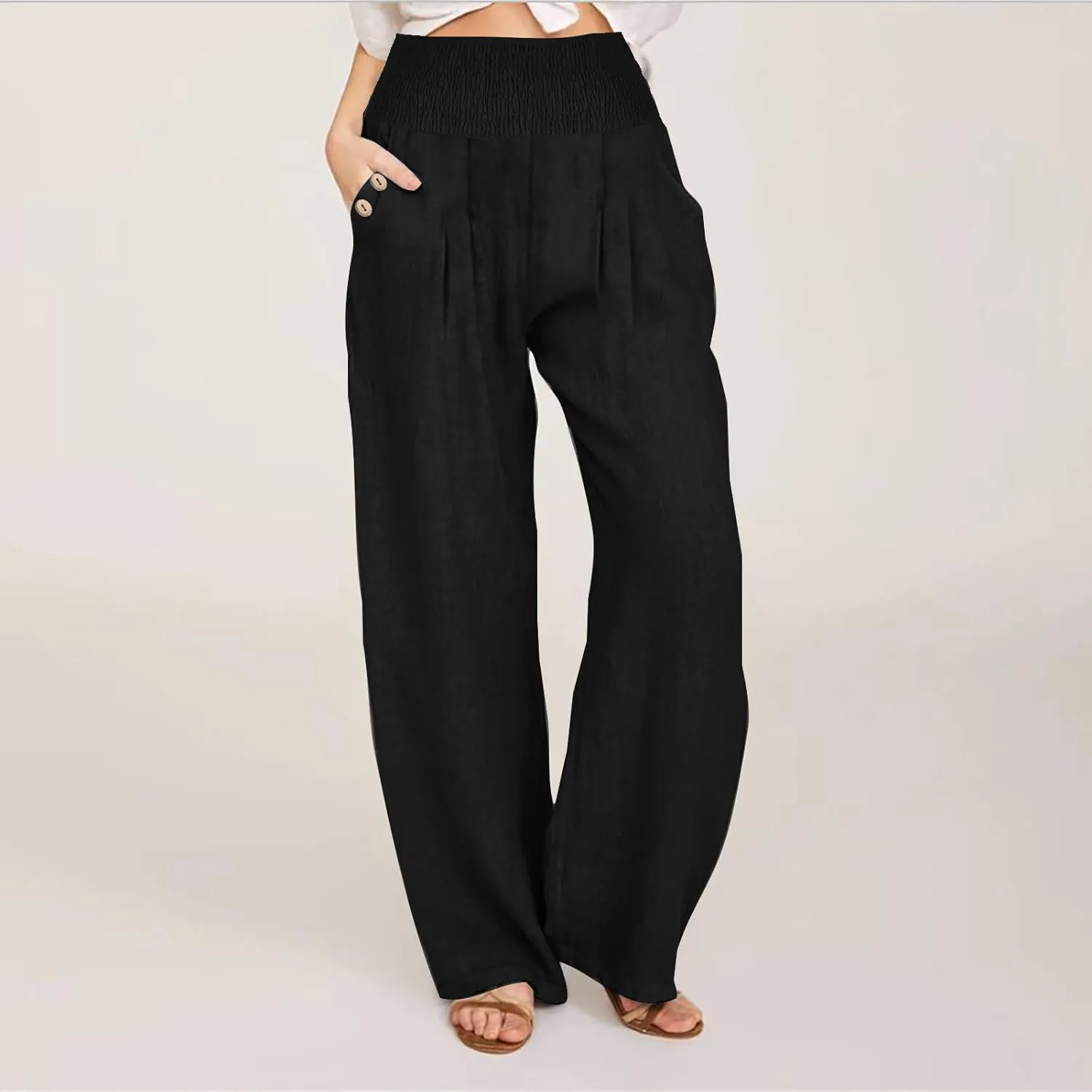 2025 Women Linen Palazzo Pants Wide Leg High Waist Lounge Summer Casual Boho Trousers Travel Vacation Outfits
