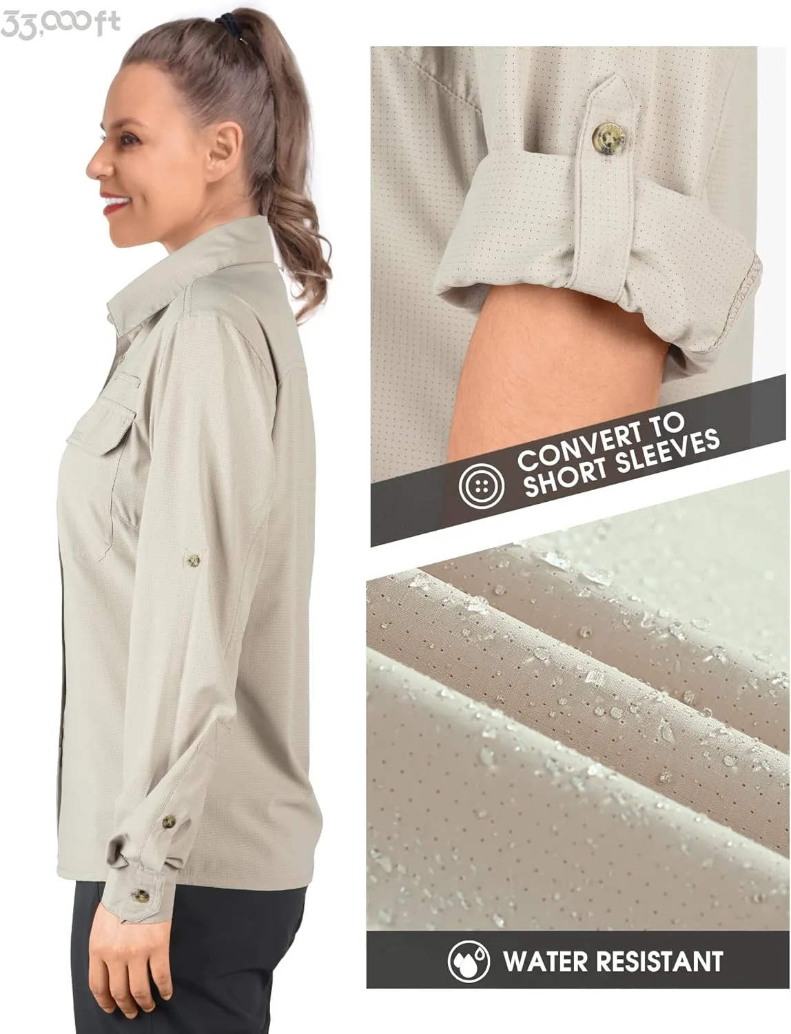 33,000ft Women's UPF 50 UV Sun Protection Shirt, Cool Quick Dry Long Sleeve Outdoor Fishing Hiking Safari Travel Shirt