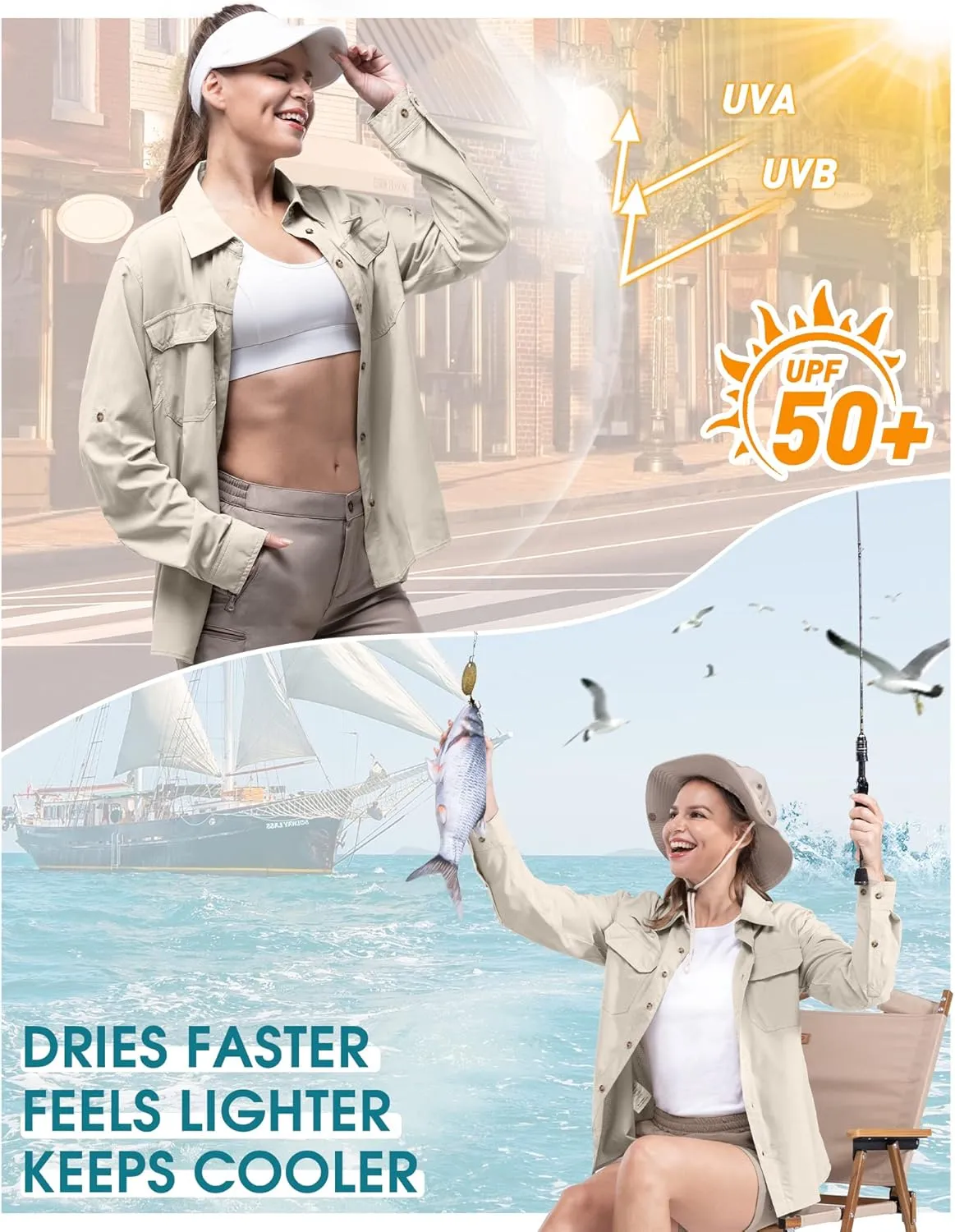 33,000ft Women's UPF 50 UV Sun Protection Shirt, Cool Quick Dry Long Sleeve Outdoor Fishing Hiking Safari Travel Shirt
