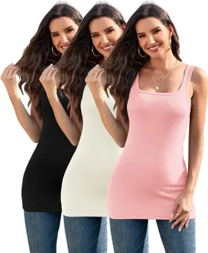 3Packs Cotton Ribbed Square Neck Long Tank Top for Women Yoga Top Layering Undershirts Camisole