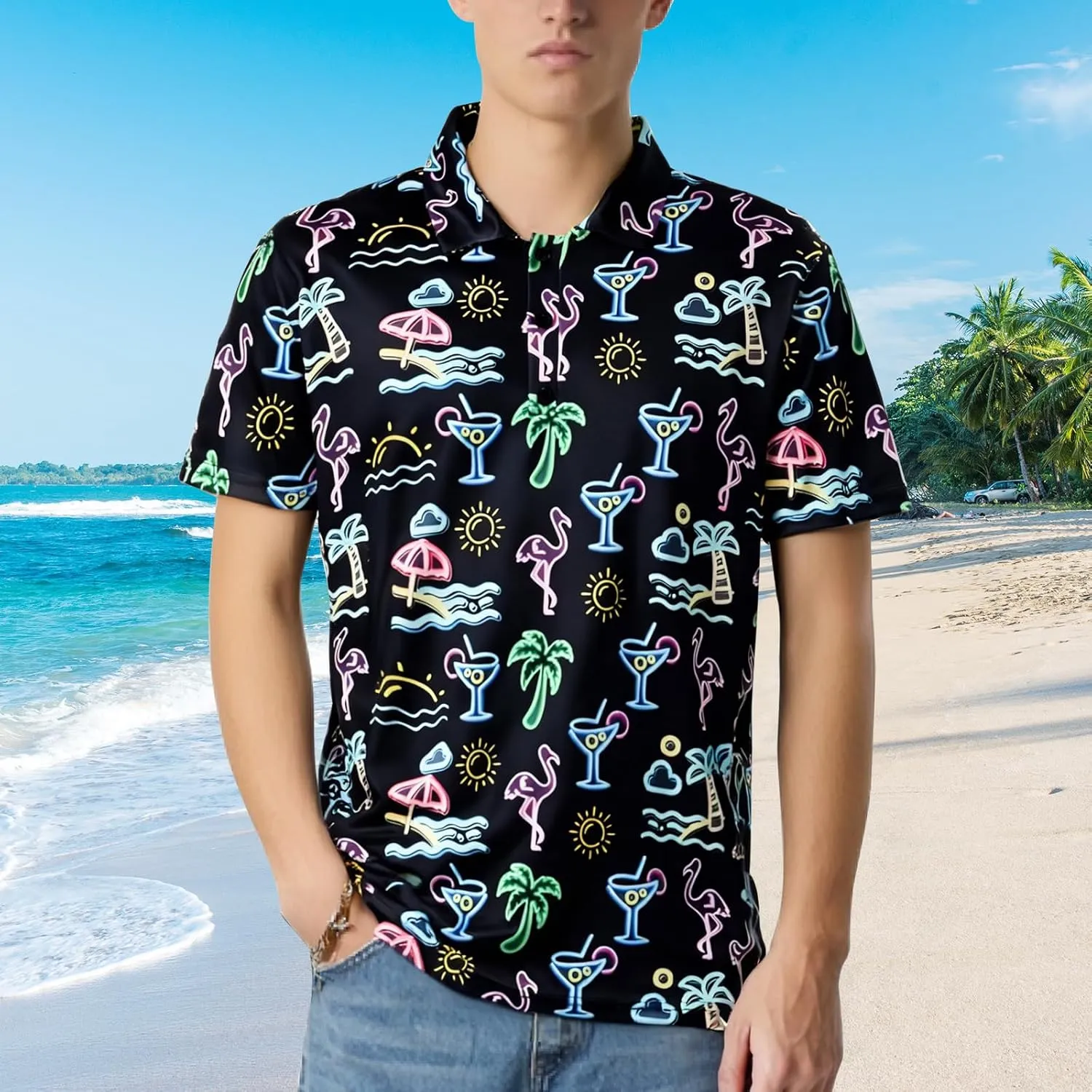 70s Outfits for Men Golf Polo Shirts Short Sleeve Disco Retro Paisley Button Vintage Dry Fit Funny Clothes