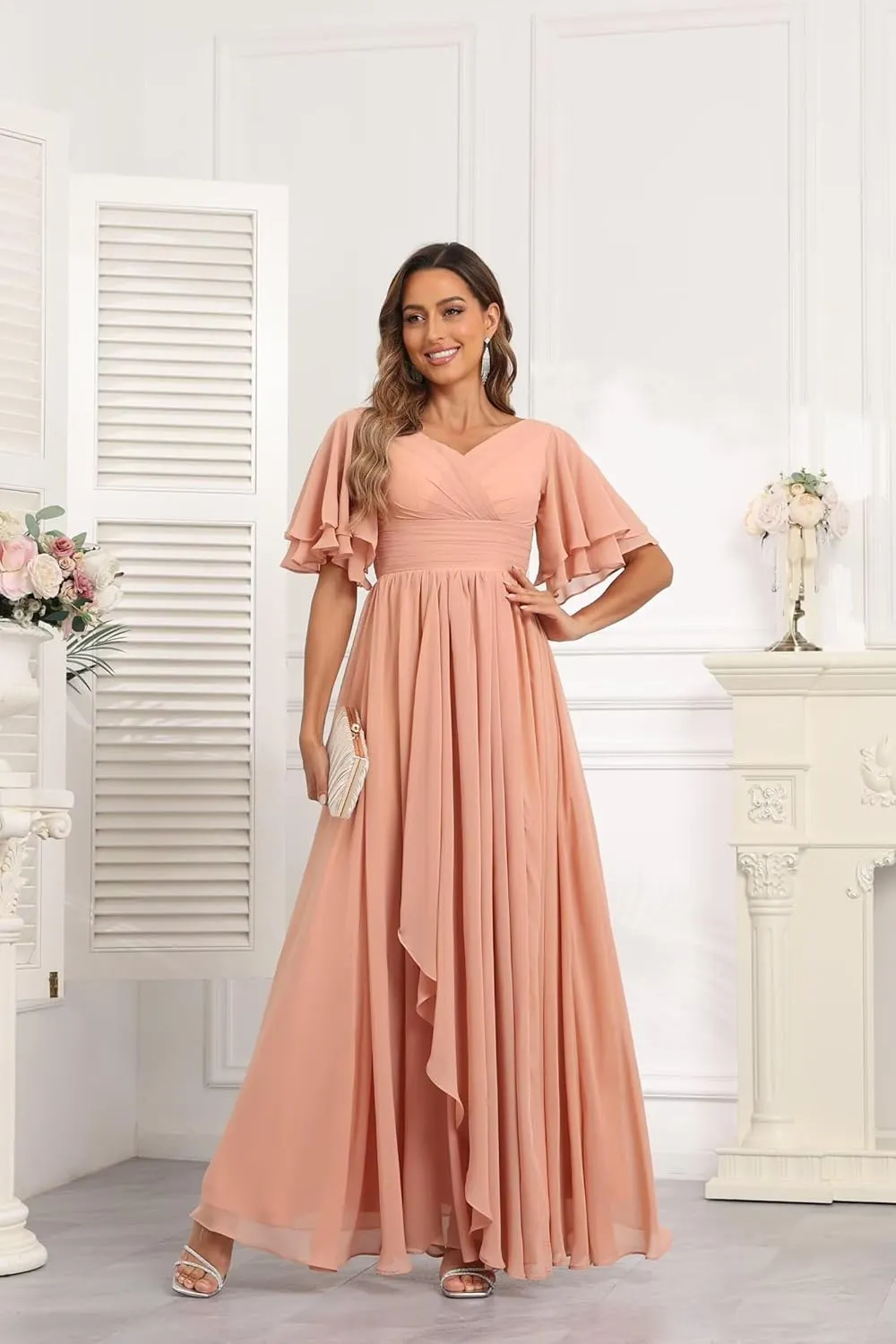 A-Line Bridesmaid Dress with Slit Short Sleeve V Neck Evening Gown with Pocket Chiffon Long Ruched Mother of The Bride Dress