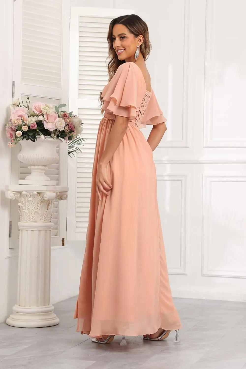 A-Line Bridesmaid Dress with Slit Short Sleeve V Neck Evening Gown with Pocket Chiffon Long Ruched Mother of The Bride Dress