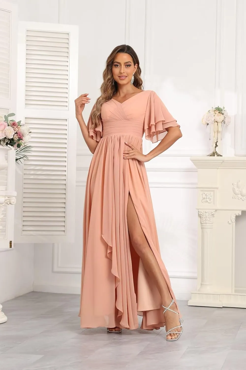 A-Line Bridesmaid Dress with Slit Short Sleeve V Neck Evening Gown with Pocket Chiffon Long Ruched Mother of The Bride Dress