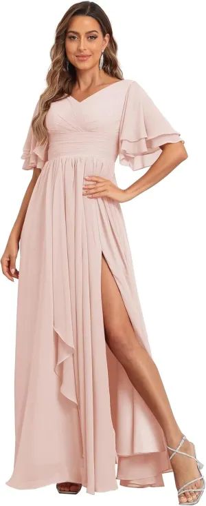A-Line Bridesmaid Dress with Slit Short Sleeve V Neck Evening Gown with Pocket Chiffon Long Ruched Mother of The Bride Dress