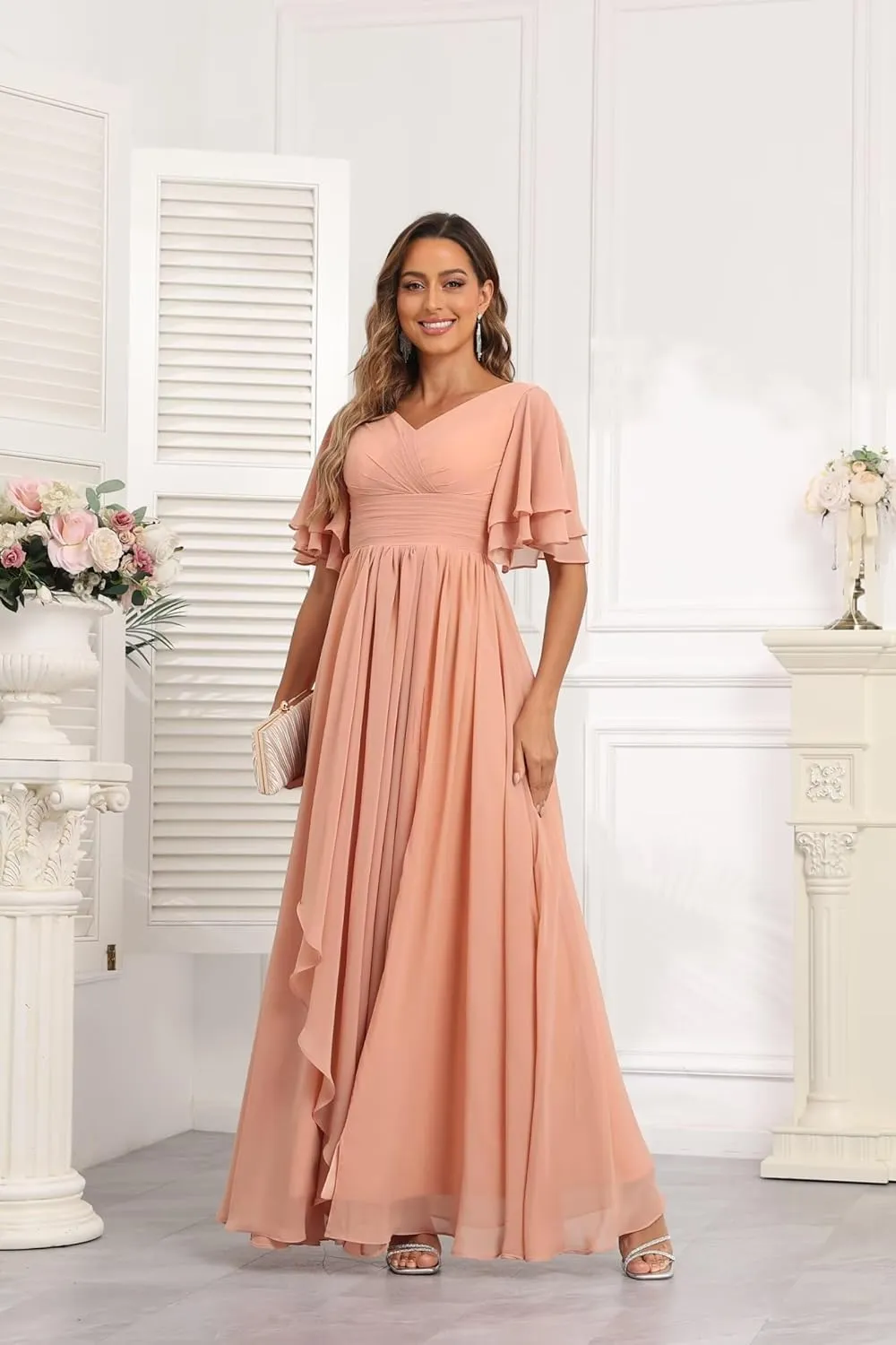 A-Line Bridesmaid Dress with Slit Short Sleeve V Neck Evening Gown with Pocket Chiffon Long Ruched Mother of The Bride Dress