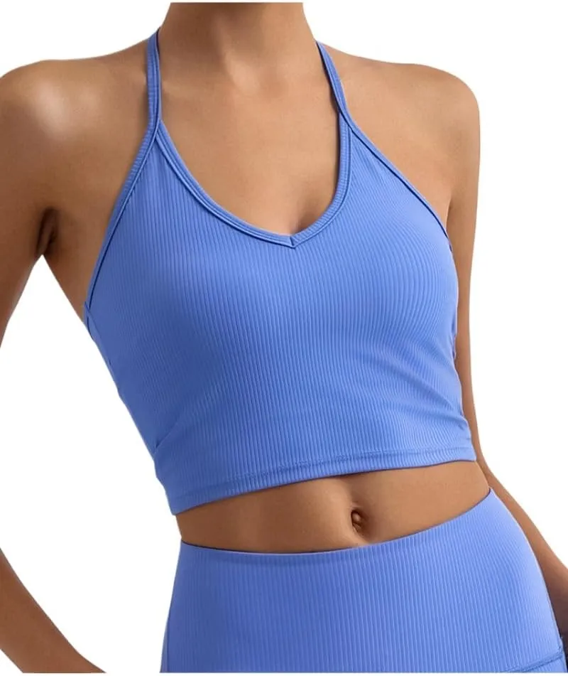 Adjustable Sports Bras for Women V Neck Workout Crop Top Backless Camisole Tank Top Sleeveless Gym Tops