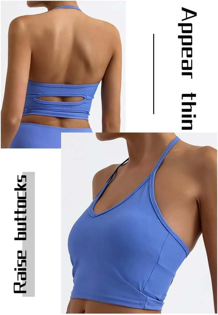 Adjustable Sports Bras for Women V Neck Workout Crop Top Backless Camisole Tank Top Sleeveless Gym Tops