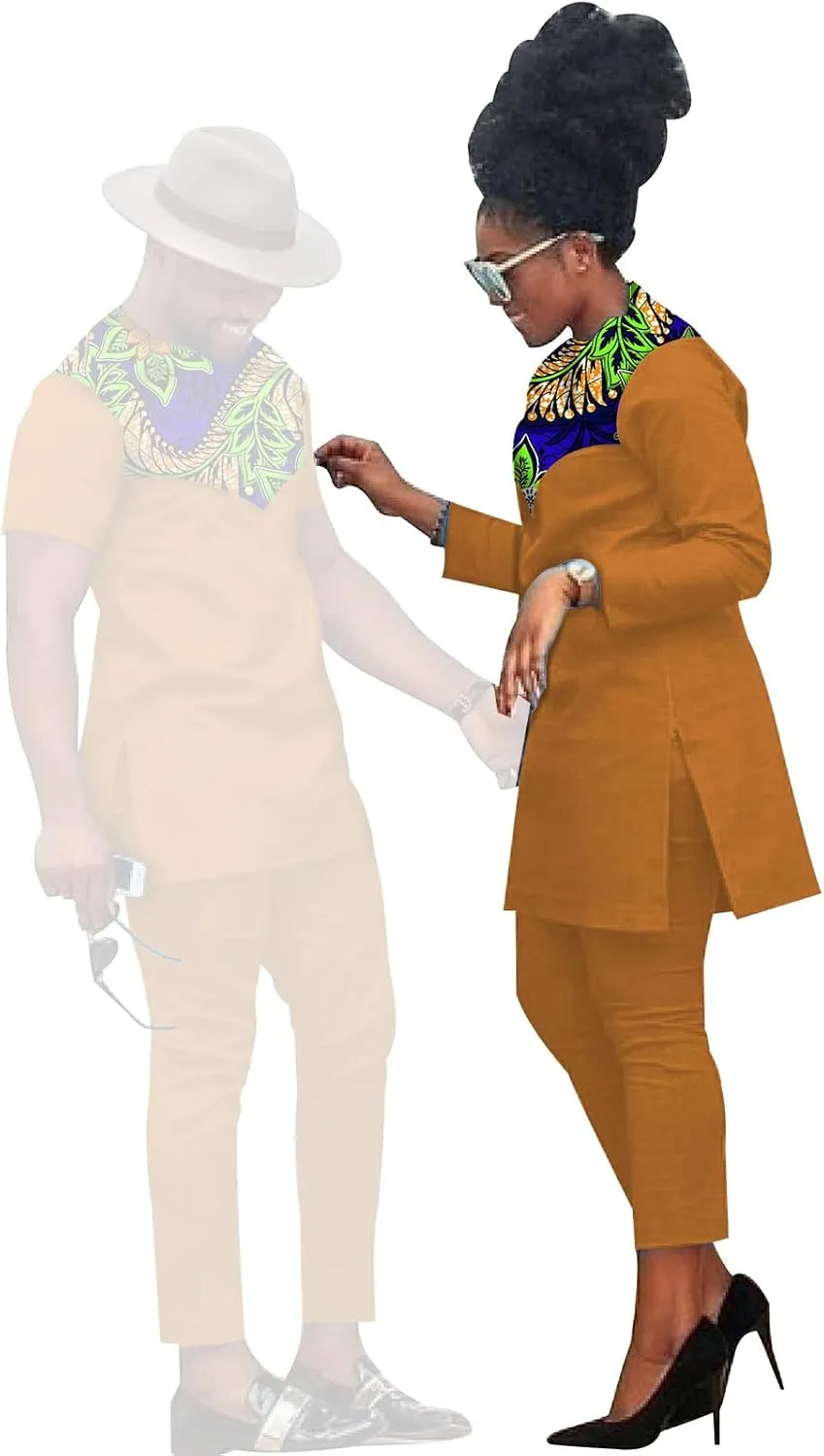 African Coupleswear Women's Ankara Printed Top and Trousers Set Bazin Riche Men's Matching Top and Trousers Set
