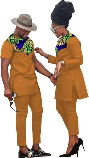 African Coupleswear Women's Ankara Printed Top and Trousers Set Bazin Riche Men's Matching Top and Trousers Set