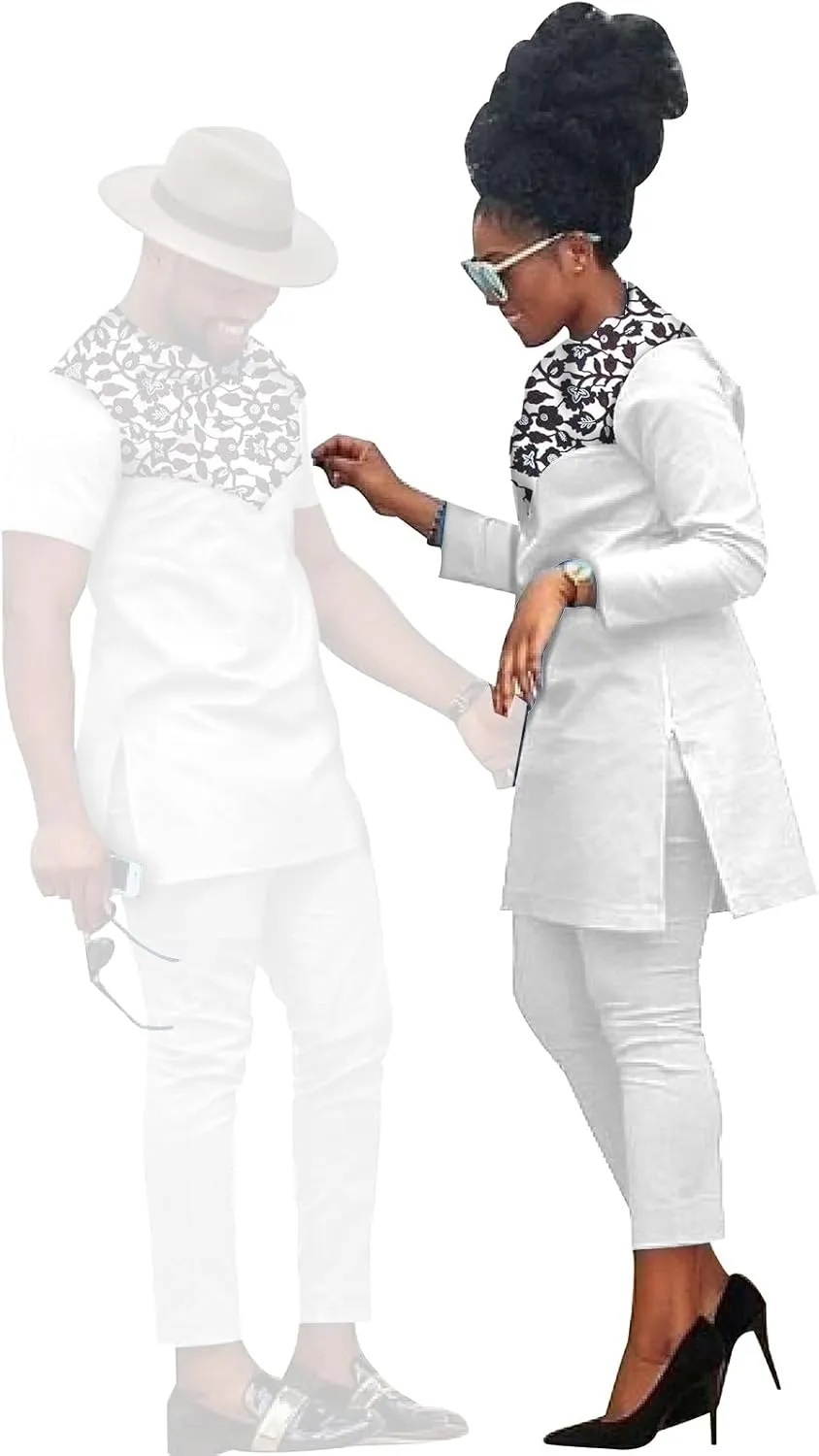 African Coupleswear Women's Ankara Printed Top and Trousers Set Bazin Riche Men's Matching Top and Trousers Set