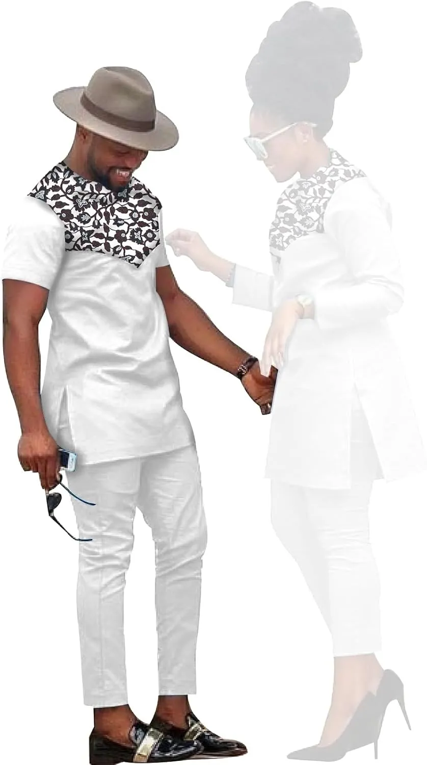 African Coupleswear Women's Ankara Printed Top and Trousers Set Bazin Riche Men's Matching Top and Trousers Set