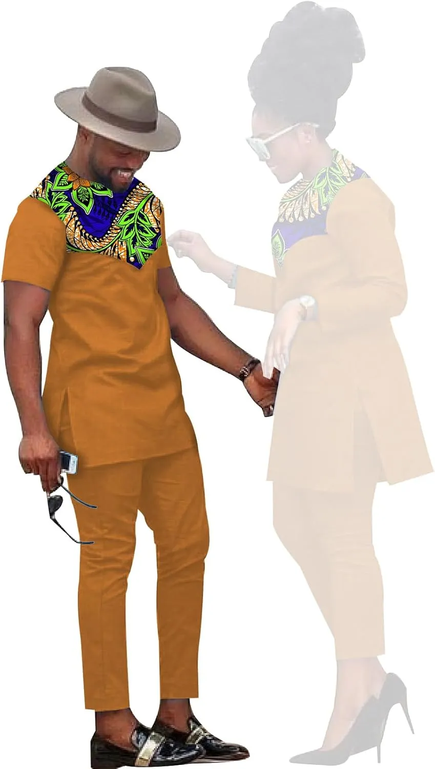 African Coupleswear Women's Ankara Printed Top and Trousers Set Bazin Riche Men's Matching Top and Trousers Set