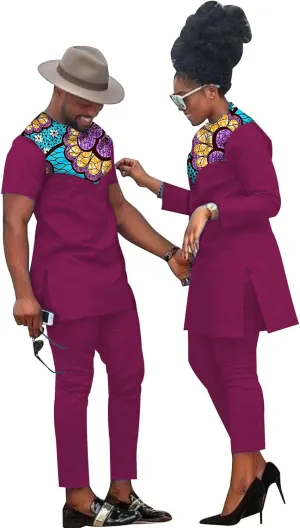 African Coupleswear Women's Ankara Printed Top and Trousers Set Bazin Riche Men's Matching Top and Trousers Set