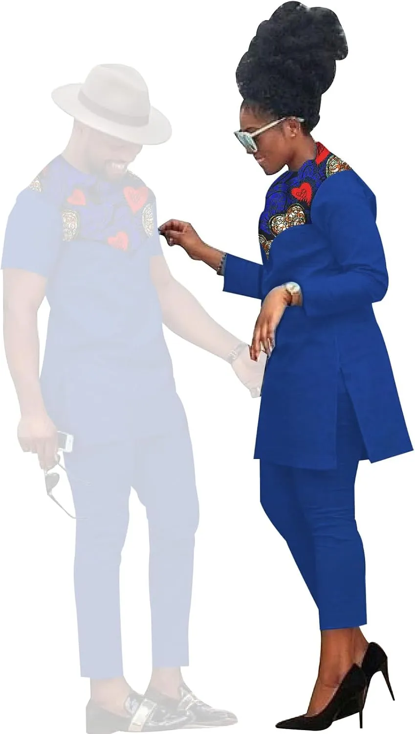 African Coupleswear Women's Ankara Printed Top and Trousers Set Bazin Riche Men's Matching Top and Trousers Set