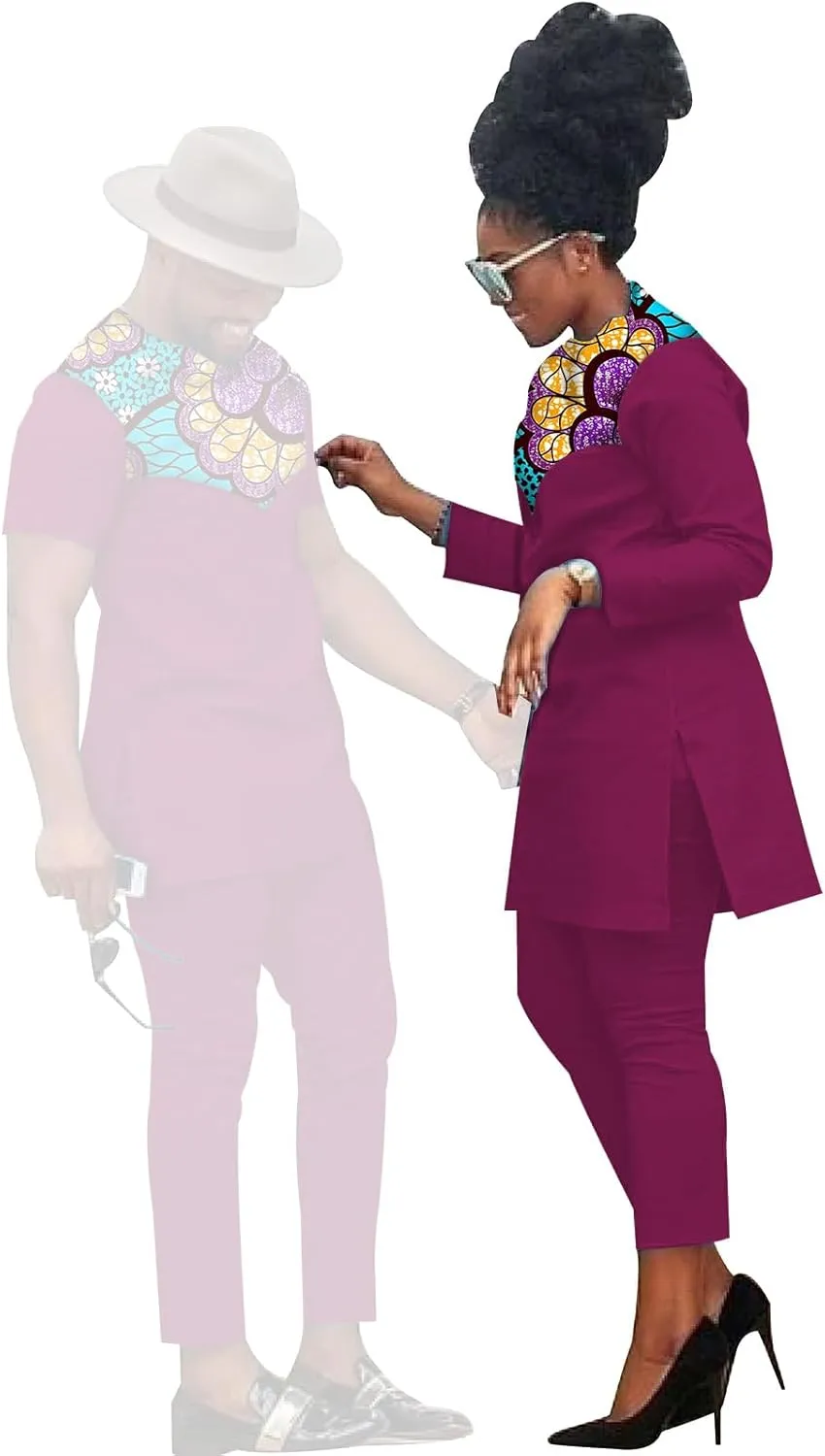 African Coupleswear Women's Ankara Printed Top and Trousers Set Bazin Riche Men's Matching Top and Trousers Set