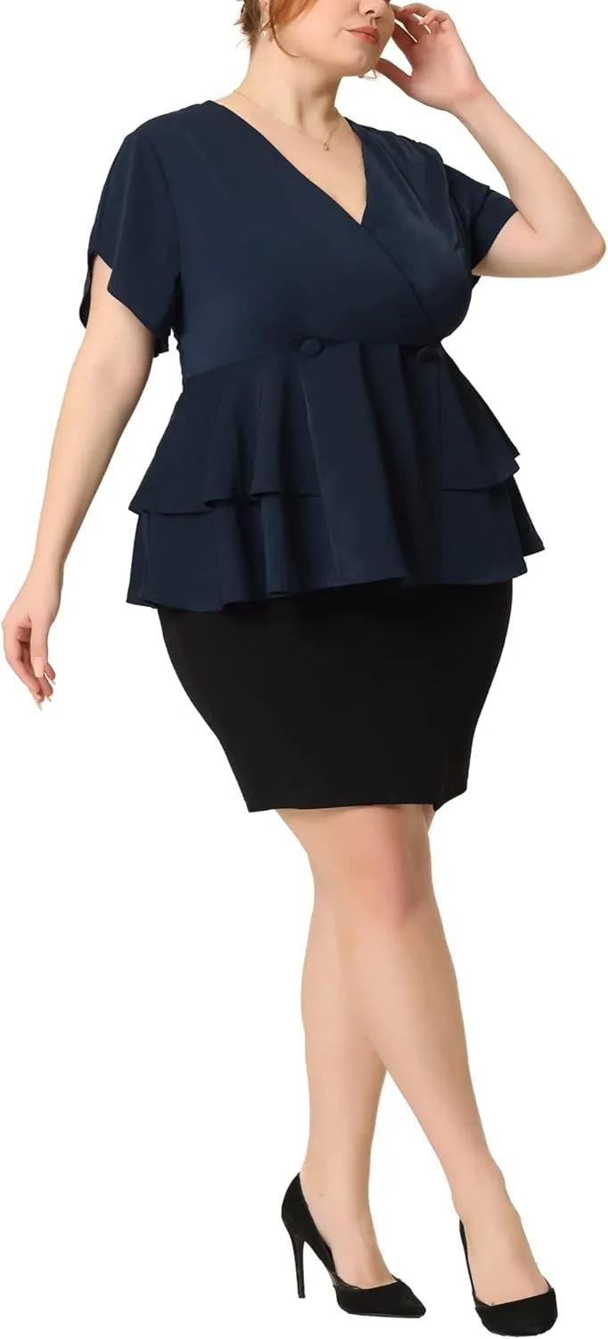 Agnes Orinda Plus Size Peplum Top for Women Work V Neck Ruffle Hem Buttons Front Blazers Top