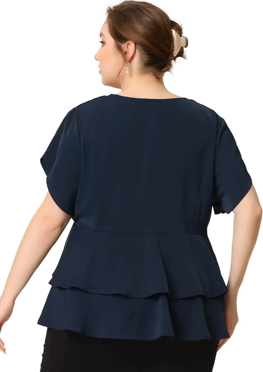 Agnes Orinda Plus Size Peplum Top for Women Work V Neck Ruffle Hem Buttons Front Blazers Top