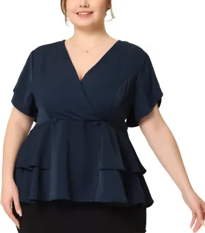 Agnes Orinda Plus Size Peplum Top for Women Work V Neck Ruffle Hem Buttons Front Blazers Top