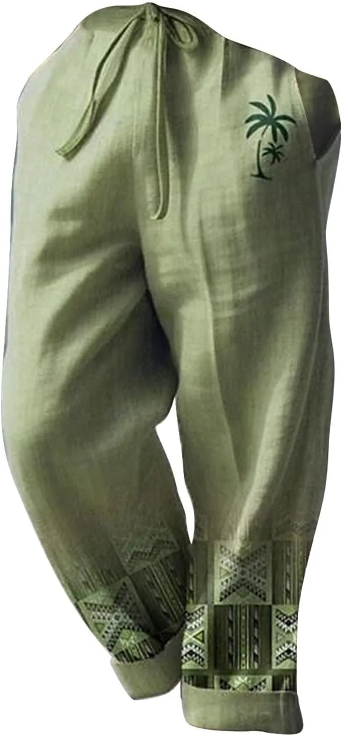 aihihe Men's Summer Linen Pants Elastic Waist Lightweight Casual Pants Loose Fit Pocketed Beach Trousers Big and Tall Slacks