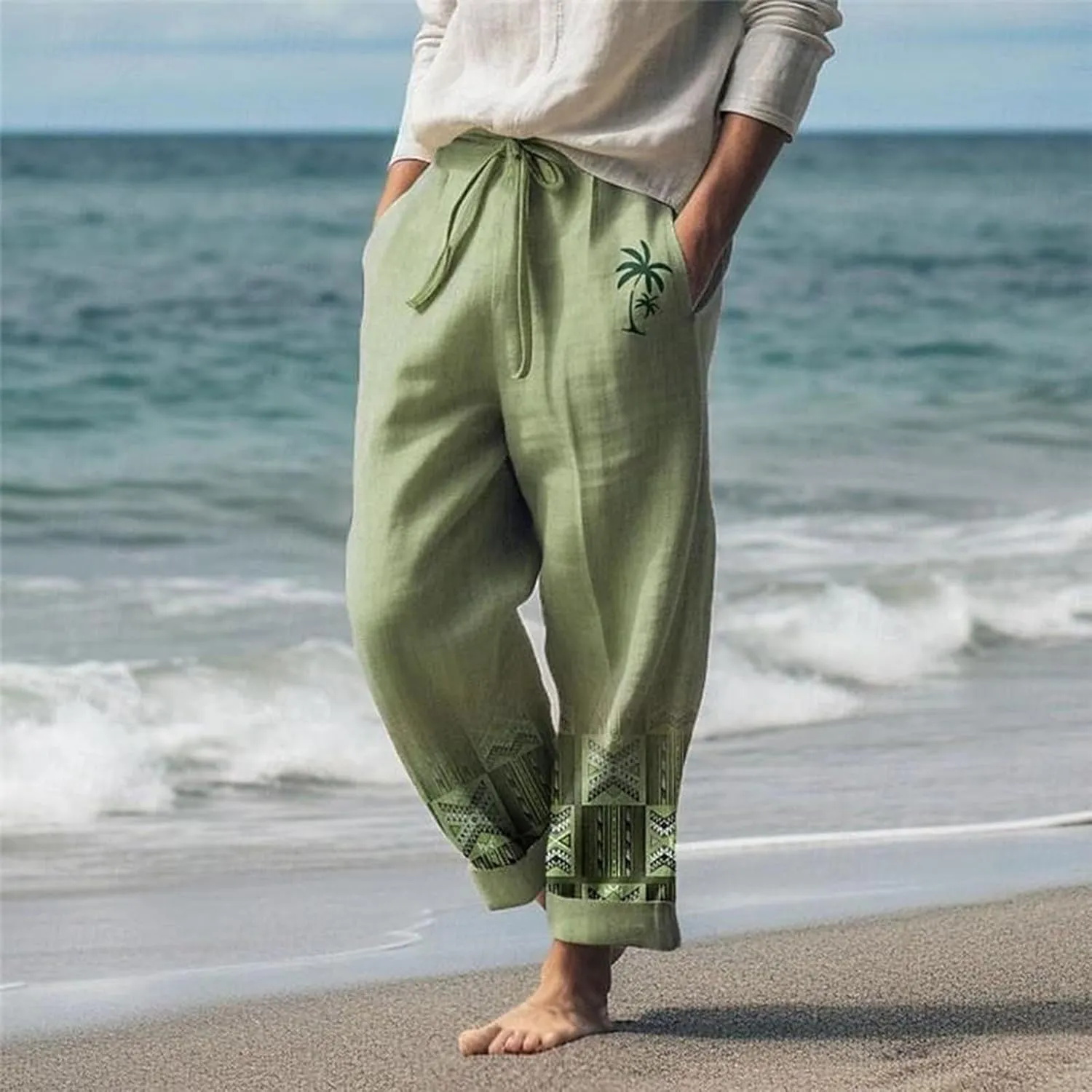 aihihe Men's Summer Linen Pants Elastic Waist Lightweight Casual Pants Loose Fit Pocketed Beach Trousers Big and Tall Slacks
