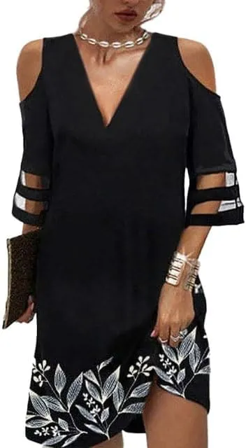 Akivide Women Casual Boho Short Sleeve Dress Cold Shoulder V Neck Mesh Flowy Beach Tunic Midi Dress