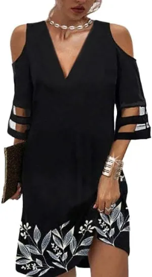 Akivide Women Casual Boho Short Sleeve Dress Cold Shoulder V Neck Mesh Flowy Beach Tunic Midi Dress