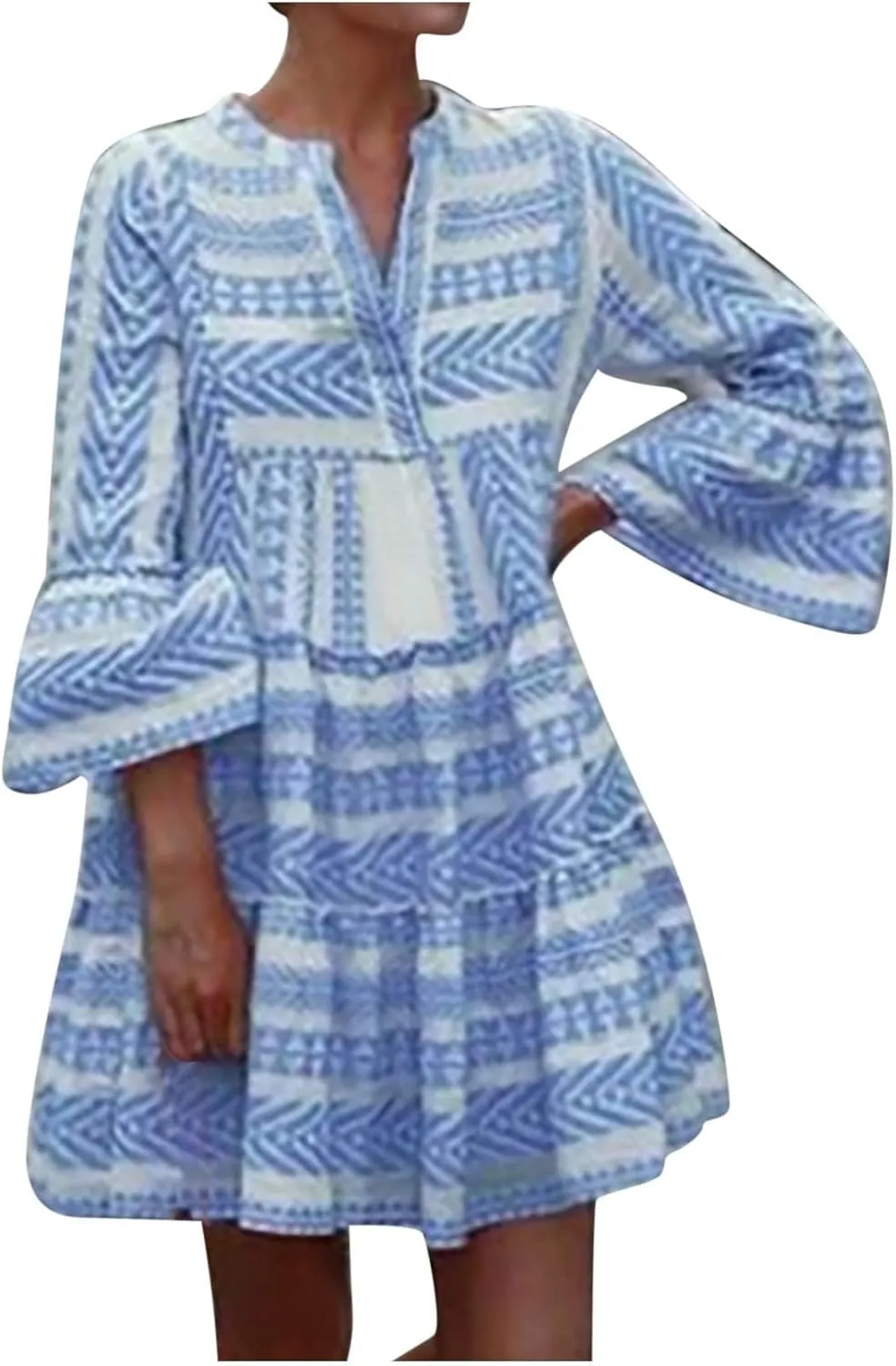 Akivide Women's Boho Bell Sleeve Shift Mini Dress Summer Casual Flowy Ruffle V Neck Babydoll Vacation Short Tunic Dress