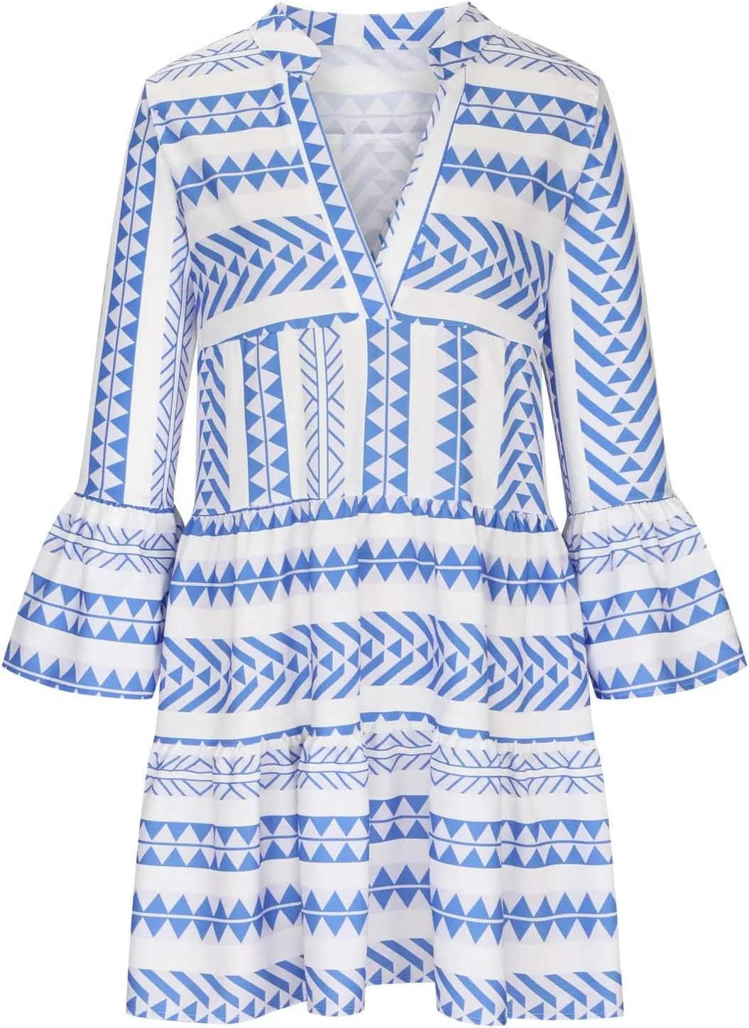 Akivide Women's Boho Bell Sleeve Shift Mini Dress Summer Casual Flowy Ruffle V Neck Babydoll Vacation Short Tunic Dress