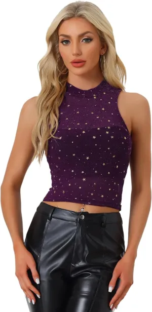 Allegra K Star Mesh Crop Top for Women's Metallic Mock Neck Sleeveless See Through Party Tank Top