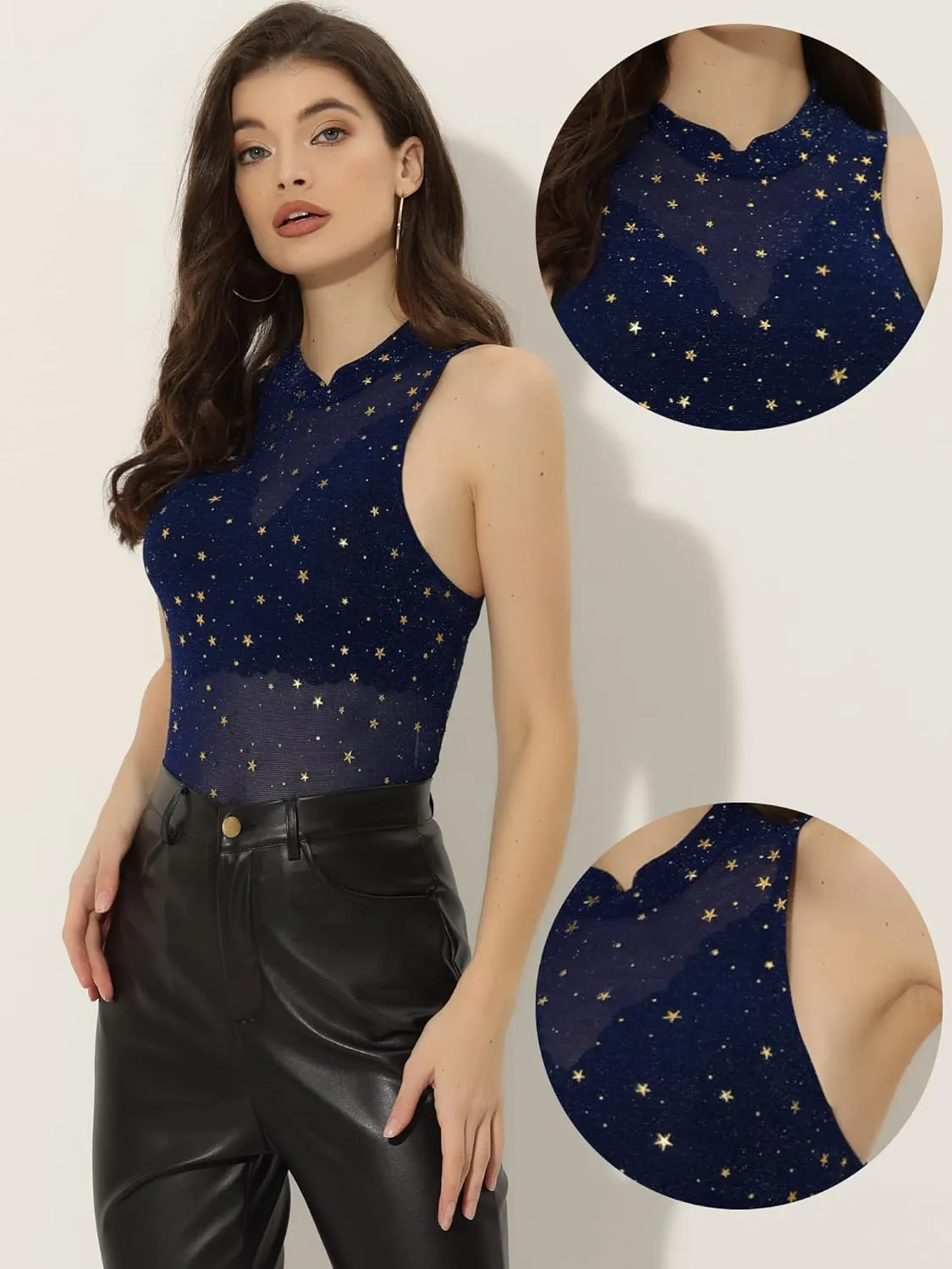Allegra K Star Mesh Crop Top for Women's Metallic Mock Neck Sleeveless See Through Party Tank Top