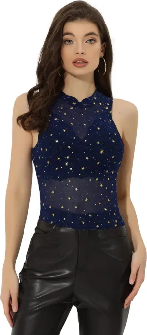 Allegra K Star Mesh Crop Top for Women's Metallic Mock Neck Sleeveless See Through Party Tank Top