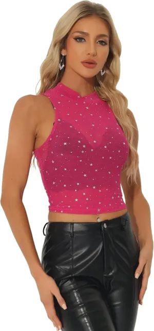 Allegra K Star Mesh Crop Top for Women's Metallic Mock Neck Sleeveless See Through Party Tank Top
